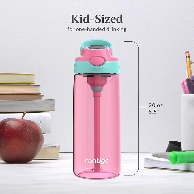 Contigo Aubrey Kids BPA-Free Water Bottle with Silicone Straw Spill-Proof Lid Dishwasher Safe 20oz 2-Pack Suitable for 3+ Years Azalea/Jade & Blue Raspberry/Azalea