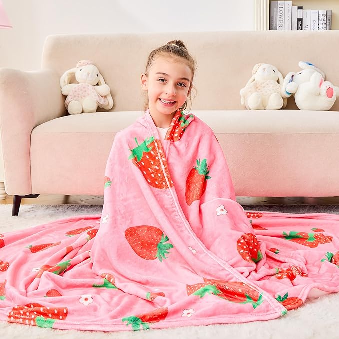 Wajade Kids Pink Strawberry Throw Blanket for Girls Teens Women Soft Fuzzy Flannel Bed Blanket for Kids Adults Plush Christmas Birthday Gifts 50”x60”