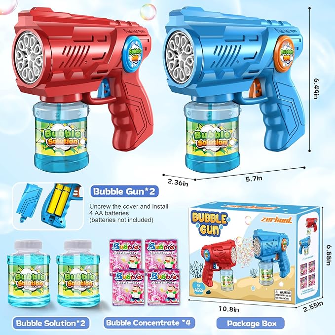 Zerhunt Bubble Gun Machine for Kids 4-8: Automatic 10-Hole Bubble Toys with Rich Bubbles & LED Light - Summer Outdoor Bubble Blaster Toy - 2PCS Bubble Blower