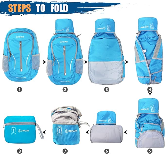 ZOMAKE Ultra Lightweight Packable Backpack 25L, Foldable Hiking Backpacks Water Resistant Small Folding Daypack for Travel(Light Blue)