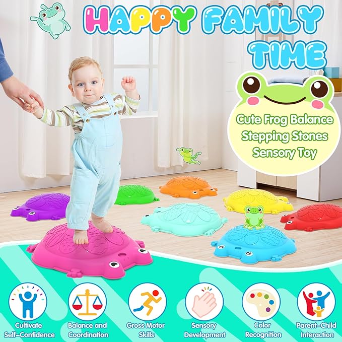 Stepping Stones for Kids, 8 Pcs Frog Non-Slip Balance Steps Stones Sensory Toys for Toddler Ages 3-5, Obstacle Course Coordination Game, Indoor Outdoor Yard Games for Boys Girls