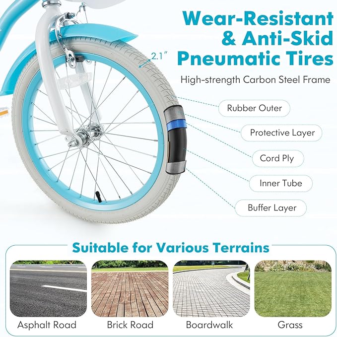 COSTWAY Kids Bike, 12 14 16 18 Inch Toddler Bike Children Bicycle w/Training Wheels, Hand & Coaster Brakes, Adjustable Saddle & Handlebar, Basket, Bell, Kids Bicycle for Girls Boys Aged 3-8 Years Old