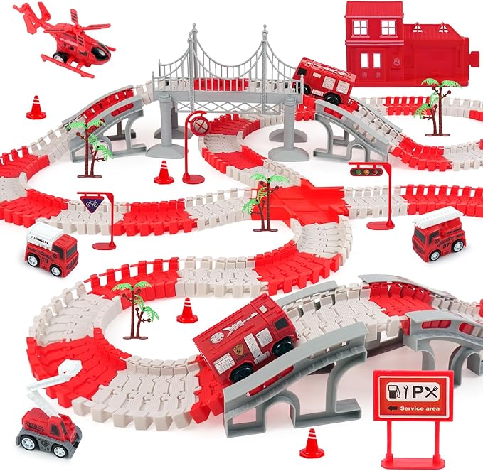 Race Car Track Set for Kids - Flexible Educational DIY Track Toy, Best Birthday Gift for Boys Ages 3 4 5 6 7, 330+ PCS with Fire Trucks and Helicopter