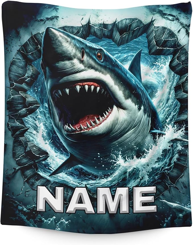 Shark Blanket for Boys Personalized Kids Throw Blankets Gifts for Teens Shark Lovers - Soft Lightweight Cozy Custom Stuff Throw 4 Sizes for Sofa Chair Bed Office Home Decor All Seasons