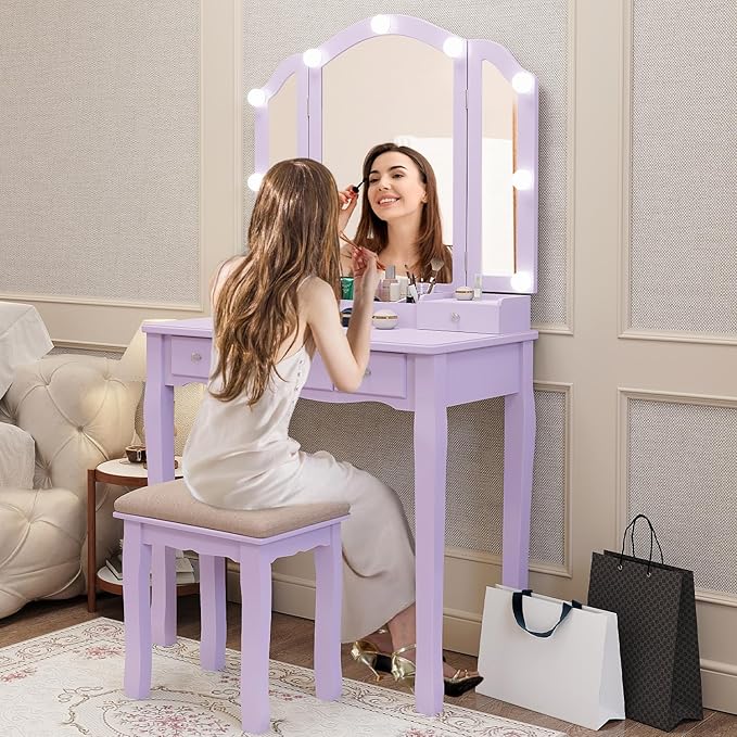Purple Vanity Makeup Vanity Desk with Lights Vanity for Teen Girls Vanity Set for Teenager Vanity Table with Mirror for Bedroom Vanity Mirror with Lights Girls Desk and Chair