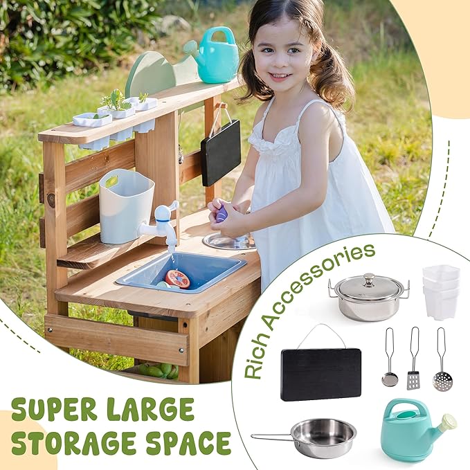 ROBUD Outdoor Play Kitchen for Kids, Wooden Kids Mud Kitchen Set with Removable Sink, Planting Cup, Oven, Chalkboard, Utensils & Storage, Green Outdoor Playset for Ages 3+