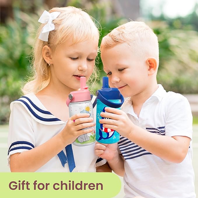 Elephant Water Bottle - Kids Water Bottle with Straw Lid - 12 Oz Insulated Stainless Steel Water Bottles for Kid Girl - Travel Cup for School Sports