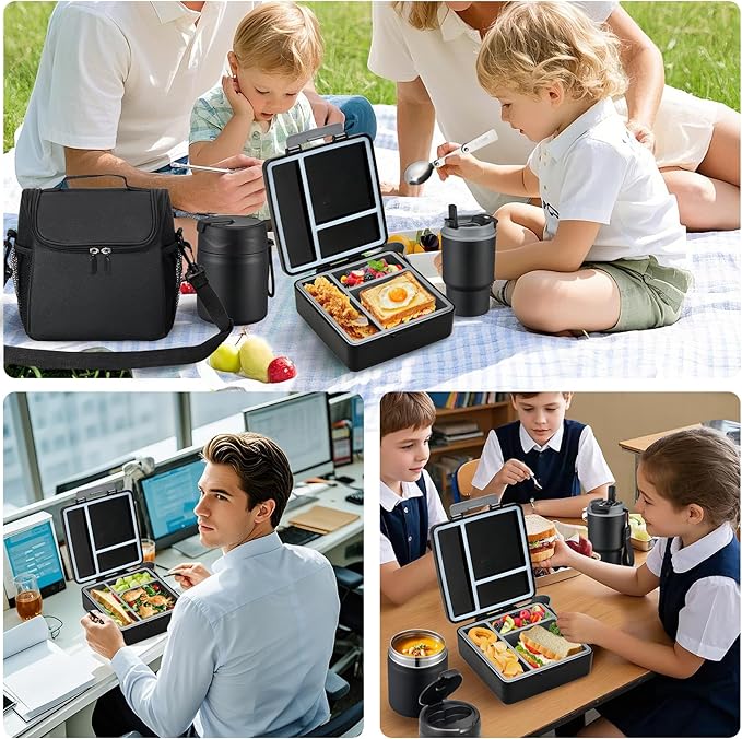 Bento Lunch Box for Kids with 17oz Soup Thermo,Insulated Tumbler Water Bottle and Insulated Lunch Bag,Leak-Proof 3 Compartment Lunch Food Container with Ice Pack for Kids to School-Black