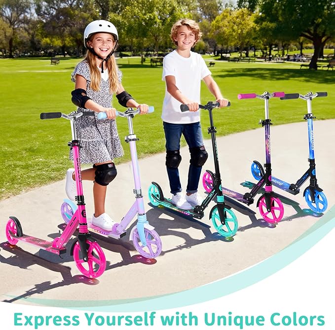 BELEEV V5 Plus Scooters for Kids Ages 6+, Teens with Light-Up Wheels & Deck, 2 Wheel Folding Lightweight Sport Scooter with 4 Adjustable Height, 8-inch Big Wheels, Carry Strap, Max Load 220 lbs