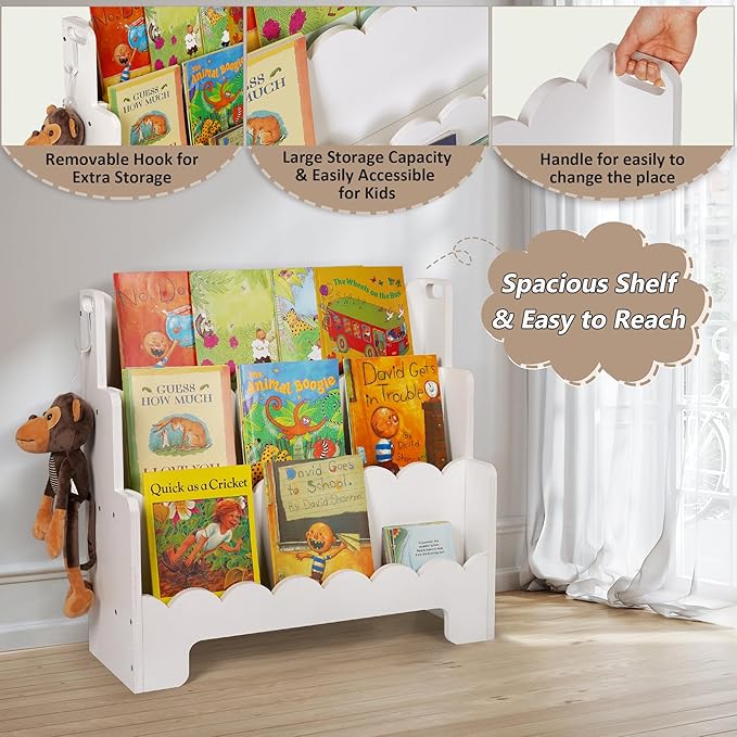 Kids Bookshelf Wooden 3-Tier, Scalloped Book Shelf for Kids Rooms, Front Facing Toddler Montessori Bookshelf, Baby Nursery Book Shelves Kids Classroom Bookshelf Bookcase