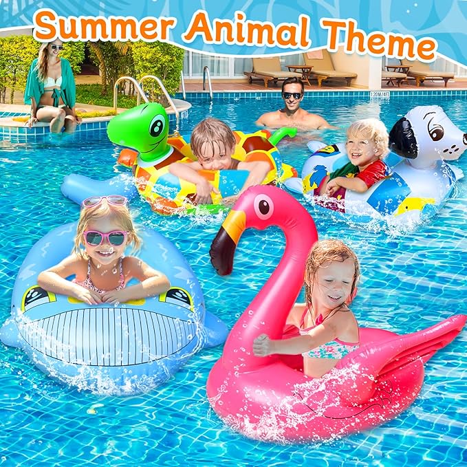 4 Pack Inflatable Pool Floats for Toddler Age 1-4 Animal Swim Tube Rings for Kids Infant Baby Ride on Beach Floaties with Safety Seat&Handle for Summer Lake Pool (Flamingo, Turtle, Whale, Dalmatian)