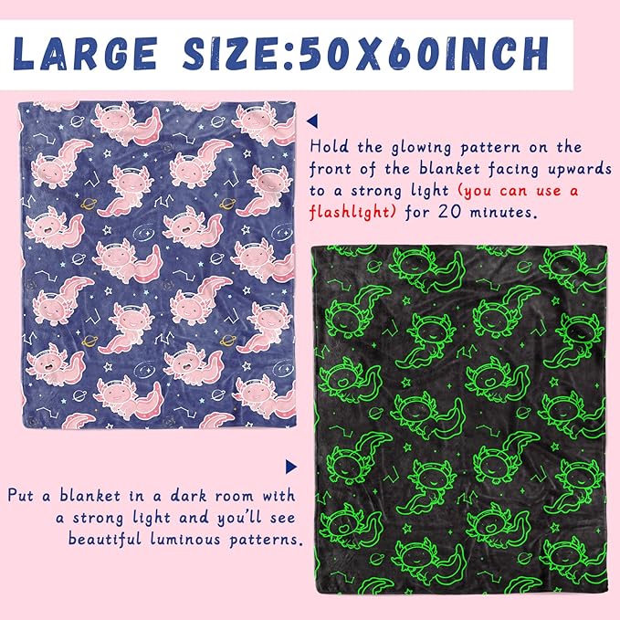 Axolotl Blanket Glow in The Dark for Girls - Pink Axolotl Gifts for Teens Girls, Salamander Soft Blankets Cute Cozy Plush Toys for Kids Boys, Lightweight Fleece Throws for Couch & Bed Decor 50x60inch
