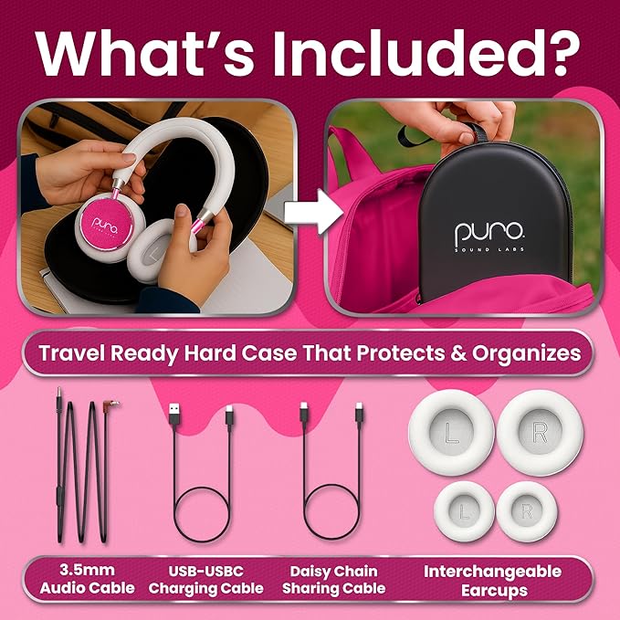 Puro Sound Labs Kids Wireless Headphones – Volume-Limiting 85dB, Built-In Mic, Studio-Grade Sound, 20-Hour Battery Life, Comfortable Fit & Easy to Connect Kids Bluetooth Headphones – BT2200 Plus, Pink