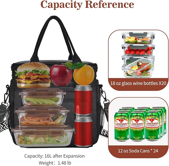 LOKASS Lunch Bag& Lunch Box for Men Women Double Deck,Large Insulated Adult Lunch Box Leakproof Lunchbox Cooler Bag for Work Picnic Beach,（Black,16L）