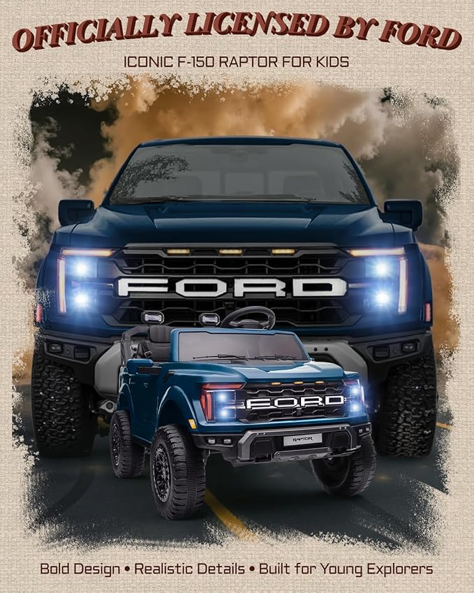 First Ride On Licensed Ford F-150 Raptor 2 Seater Ride on Car for Kids, 24 Volt Ride on Toys for Boys w/Remote Control, Kids Electric Car w/LED Lights, Bluetooth, Truck Bed Storage, Soft Start (Blue)