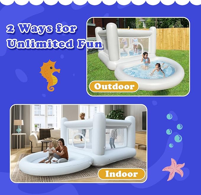 Bounce House with Ball Pit for Kids Age 3-6 Indoor Inflatable Bouncer Waterproof and Durable Material Outdoor White Bouncy Castle for 3 Toddlers with Electric Pump-Built to Last & Safety