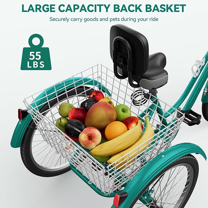 YITAHOME 24 & 26 Inch Adult Tricycle, 1 & 7 Speed 3 Wheel Bikes, Large Seat with Backrest Trike for Adults with Front & Rear Baskets, Cruiser Bike for Seniors Women Men Commute Picnic Outdoor