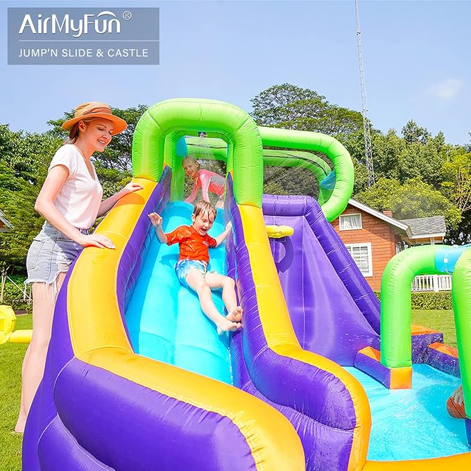 AirMyFun Water Slide InflatableBounce House for Kids with Blower. Family Backyard Bouncy Castle with Fun Doorway Tunnel, Climbing Wall,Long Safe Return Curved Slide and Ball Shooting