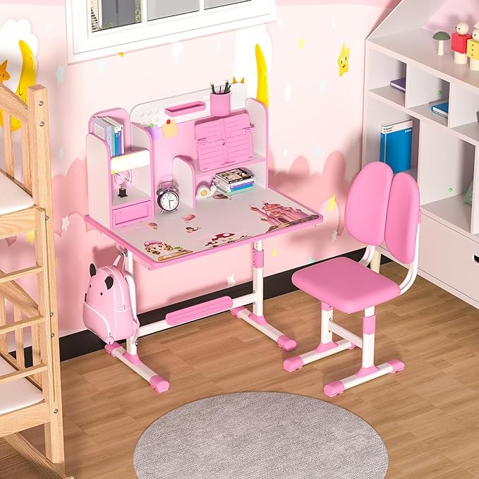 Upgraded Kid's Desk and Chair Set, Adjustable Children's Study Table with Bookshelf and Storage Drawer, 50-Degree Tiltable Desktop with Chair for Bedroom (Pink not Leaning)