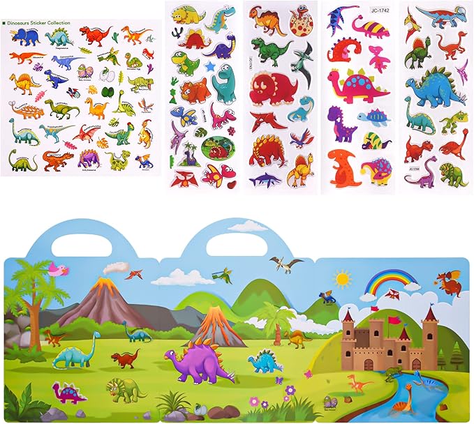 ASTARON Reusable Sticker Book for Toddlers, 88 Pcs Dinosaur Stickers Road Trip Activities Car Airplane Activities Travel Toys for Kids, Kids Quiet Time Activities (2-6 Age)