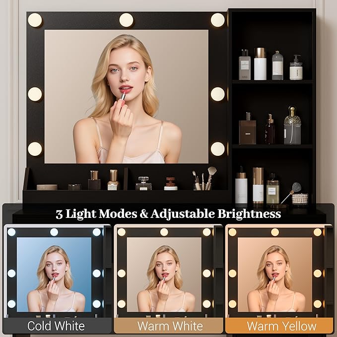 Makeup Vanity with Mirror and Lights & Power Outlet, 34'' Small Vanity Desk with Drawers and Storage Cabinet & Makeup Tray, Dressing Table for Girls Bedroom Dressing Room, Black