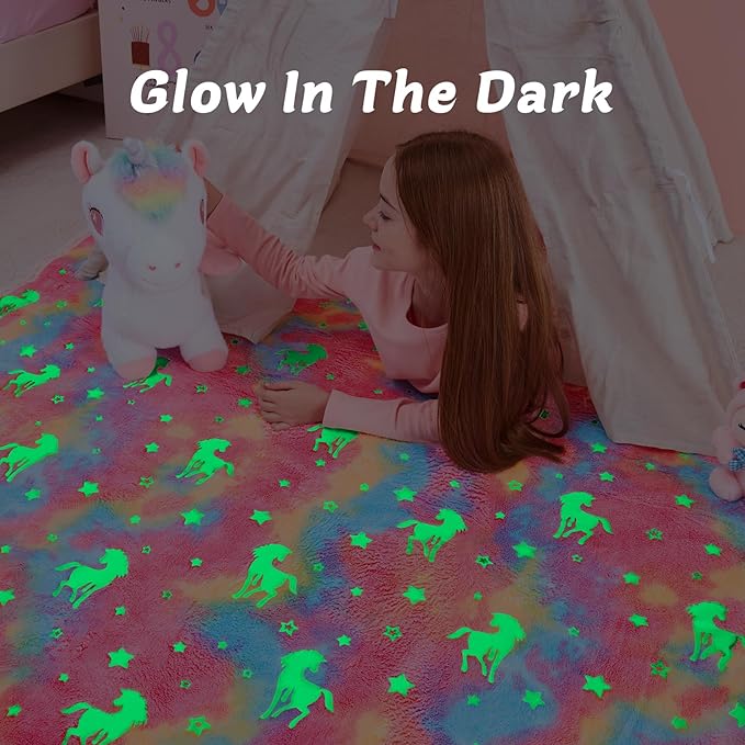 QSTEHEML Unicorns Glow in The Dark Blanket,Unicorn Gifts Sherpa Fleece Throw Blanket for Girls Age 3-12 Year Old, for Teens- Christmas Birthday Bedroom Decor 50"×60"