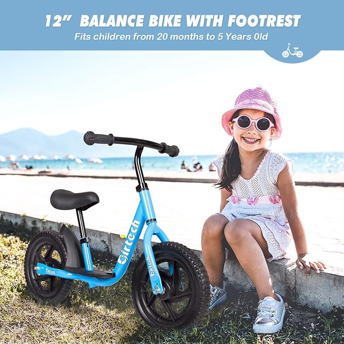 Birtech Balance Bike for 2-6 Year Old, 12 Inch Toddler Bike No Pedal Training Bicycle with Adjustable Seat Height, Airless Tire (Blue)
