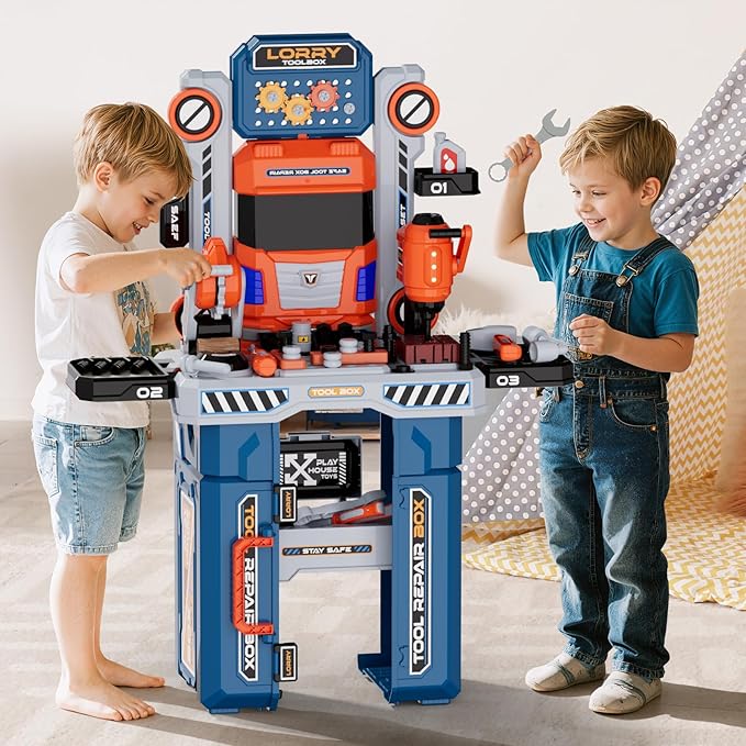 Kids Tool Bench Set with Electric Drill & Work Clothes, 68 PCS Realistic Toddler Tool Set for Ages 3-5, STEM Workbench Toy for Boys Girls, Pretend Play Construction Kit, Birthday Gift