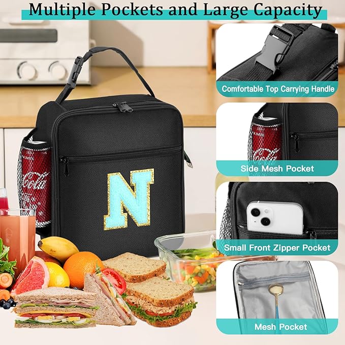 Initial Insulated Lunch Bag, Lunch Box with Initial Letter Patch for Teen Adult, Reusable Lunch Bag for Men Women, Ideal Back to School Gift Birthday Gift, Blue N