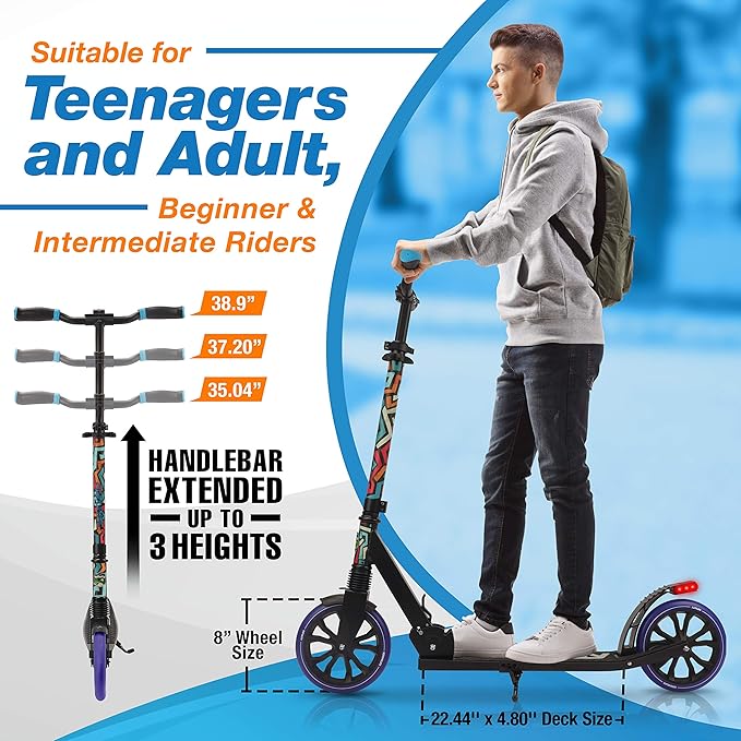 SereneLife Kick Scooter Adult Teenagers Kids- 2 Wheel Kids Scooter with Adjustable T-Bar Handlebar - Alloy Anti-Slip Deck - Portable Folding Scooters for Kids with Carrying Strap