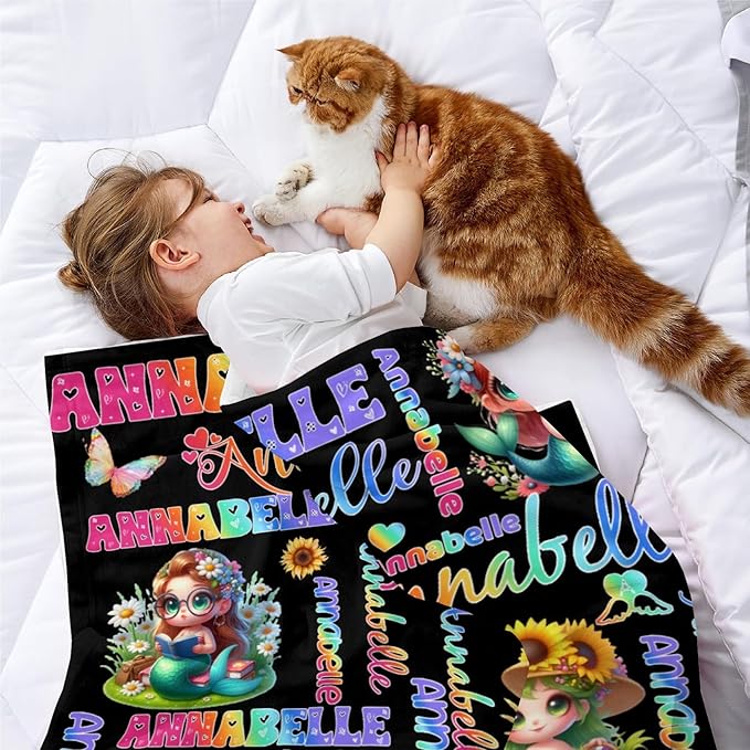 Custom Girl Blanket with Name Personalized Cute Pink Princess Blanket for Newborn Customized Soft Flannel Throw Blanket Memorial Gift for Toddler on Birthday Baby Shower Christmas (Mermaid-4)