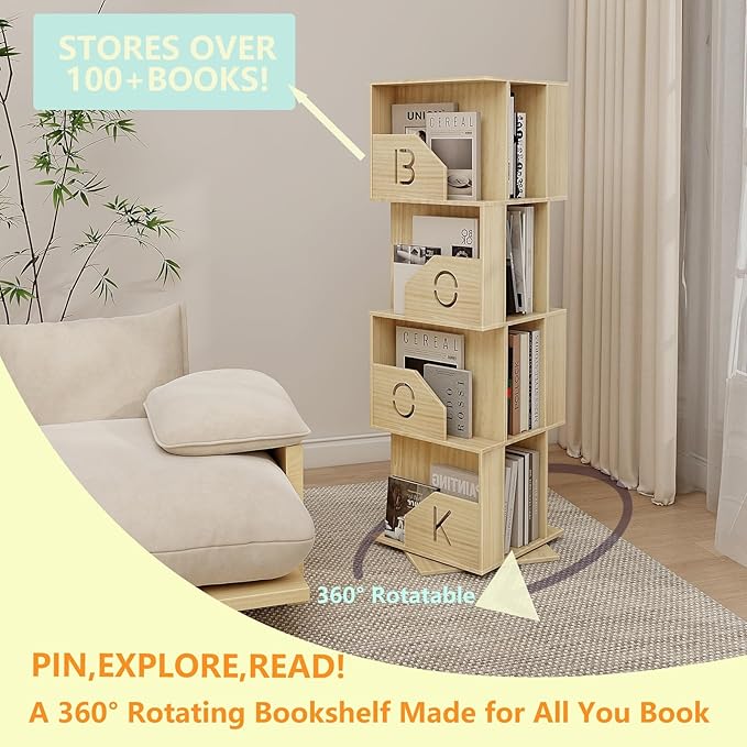 4 Tier Kids Rotating Bookshelf, Premium Pine Wood Space Saving Bookshelf Holds 100+ Books, 360° Spinning, Great for Larger Reads in Kids’ Room, Living Room & Office, Easy to Assemble