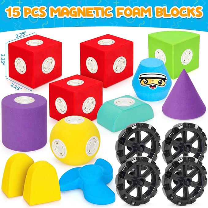 15 PCS Magnetic Foam Blocks, STEM Preschool Toys for Children, Magnetic Building Blocks for Toddlers, Kids Bath Toys and Montessori Sensory Toys, Birthday for Boys & Girls Age 3 4 5 6+