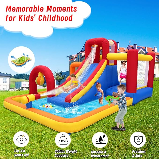 Bounce House with Slide and Obstacle Course for Kids 3-8 - Bounce, Climb, Slide, Boxing Ball, Small Climb&Slide for Indoor Outdoor Kids Party, Optional Water Slide & Pool for Summer Fun