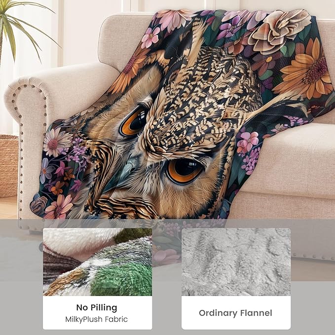 Owl Blanket for Women, Kids, Adults - Flannel Throw with Flower Floral Design for Sofa, Couch, Bed - Soft Warm Cozy Decor, 50" x 40"