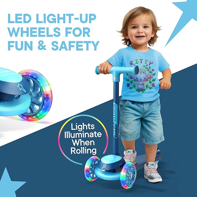 3 Wheel Scooter for Kids, Smooth Light Up LED Front Wheels, Wide Anti Slip Deck, Rear Foot Brake, Easy Lean to Steer Maneuvering, Indoor & Outdoor Ride On Toys for Ages 2 Up