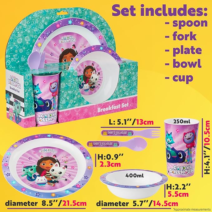 Get Trend Gabby's Dollhouse Dinnerware Sets for Kids, 5 Pc Tableware, Plate, Bowl, Cup, Spoon, Fork, Plates and Bowls Set, Gifts for Kids (Multi Gabby's Dollhouse)