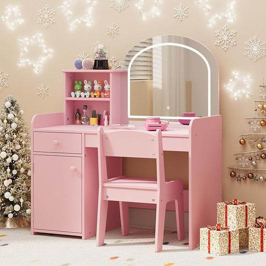 Gizoon Kids Vanity Desk with Mirror and Lights, Todder Vanity Table and Chair Set with 2 Tier Open Shelves Drawer and Cabinet, Kids Makeup Vanity for Little Girl, Pink