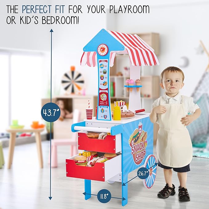 Lil’ Jumbl Wooden Snack Shop Playset | Kids Play Pretend Hot Dog Stand Push Cart w/ 125+ Burger, Fries, Pizza & Ice Cream Toy Accessories, Food Displays, Awning, Freezer, Storage Drawers & Menus