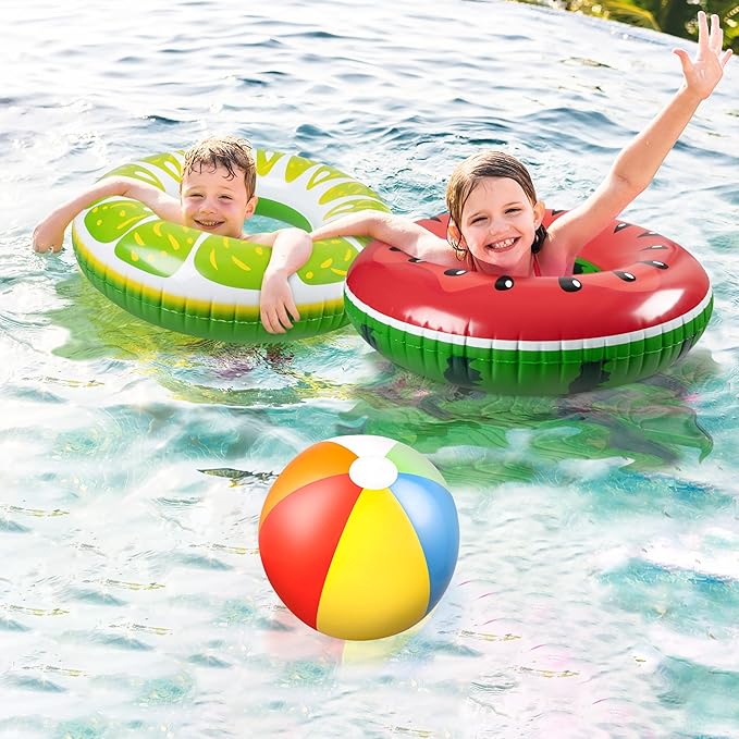 90shine 7PCS Fruit Pool Floats: Watermelon Kiwi Orange Lemon Swimming Rings with 13.5" Beach Balls - Inflatable Tubes Floaties Toys for Kids Adults