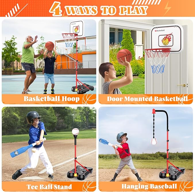 4 in 1 Kids Basketball Hoop and T Ball Set for Toddlers 3-5, Adjustable Height Toddler Basketball Hoop with Baseball, Indoor Outdoor Sport Gifts Christmas Toys for Boys Girls 3-8