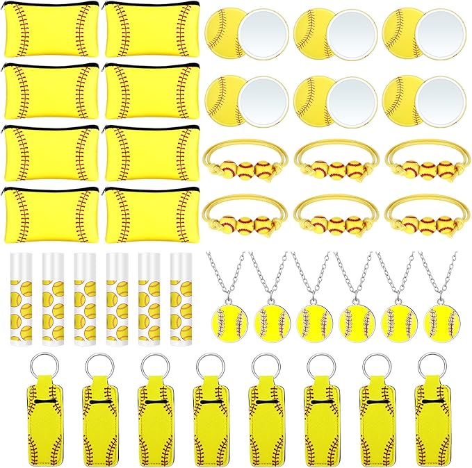 72 Pcs Christmas Softball Team Gifts Softball Party Favors Accessories for Teen Girls 12 Makeup Bags Lip Balm 12 Lipstick Holder Keychains Necklaces Mirrors Adjustable Bracelet for Sport Lover