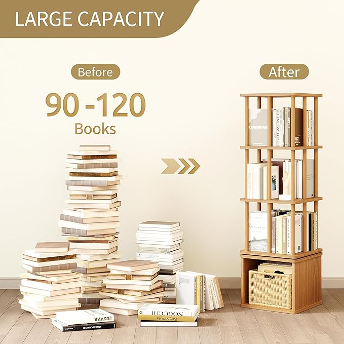 IOTXY 4-Tier Rotating Bookshelf Tower - Beech Wood Frame Spinning Bookcase with Storage Base, Tall Freestanding Revolving Shelf Organizer, Oak