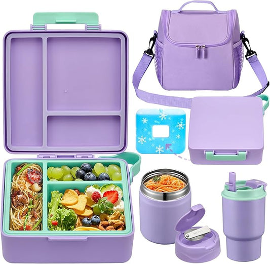 Bento Lunch Box for Kids with 17oz Soup Thermo,Insulated Tumbler Water Bottle and Insulated Lunch Bag,Leak-Proof 3 Compartment Lunch Food Container with Ice Pack for Kids to School-Purple
