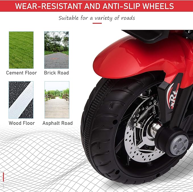 Aosom 6V Kids Motorcycle Toddler Ride-on Toy, High-Traction Battery-Operated Mini Electric Motorbike with Forward/Reverse Switch, Music, Headlights, Horn, Red