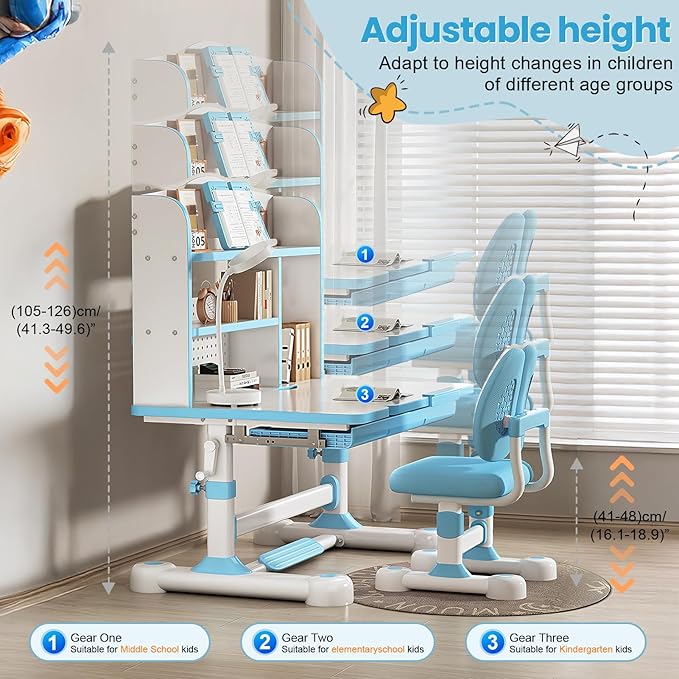 Kids Desk and Chair Set, Height Adjustable Study Table with Bookshelf & Storage Drawer, 0-50° Tiltable Desktop, Ergonomic Study Desk for Boys and Girls Ages 3-12 (Blue)