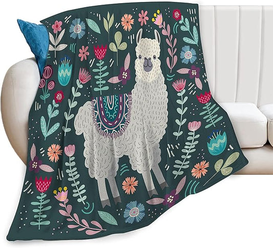 Alpaca Blanket Botanical Flower Throw Blanket Cozy Plush Boho Bohemia Llama Fleece Flannel Ultra Soft Blankets Lightweight Fuzzy Party Gifts for Adult Bed Couch Sofa Kids 60"X50"