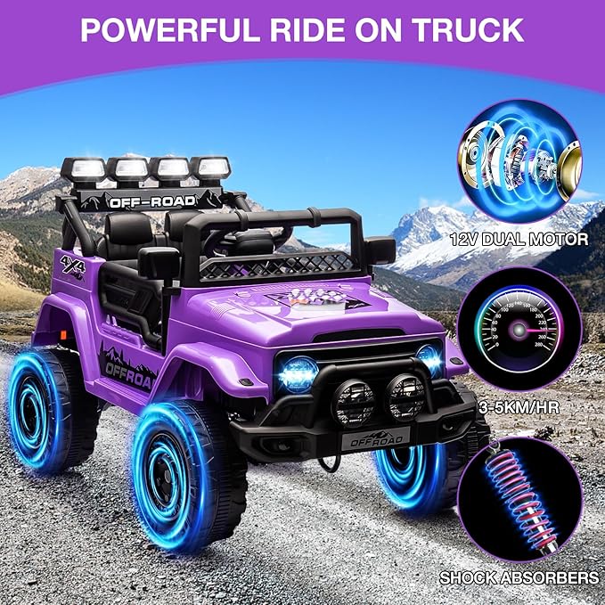 Ride On Truck Car 12V, Electric Vehicle w/Remote Control, 3 Speeds, LED Lights, Music, Spring Suspension, Ride on Car for Kids