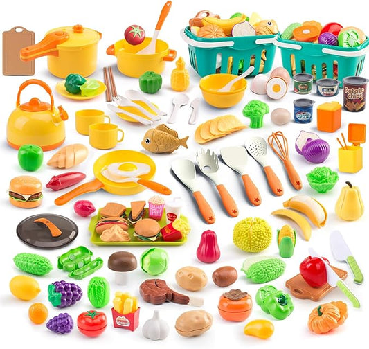 200Pcs Mini Play Kitchen Accessories for Kids, Pretend Cooking Playset with Cookware, Tableware & 2 Fruit Sets, Learning Gift for Girls, Boys, Toddlers, Yellow