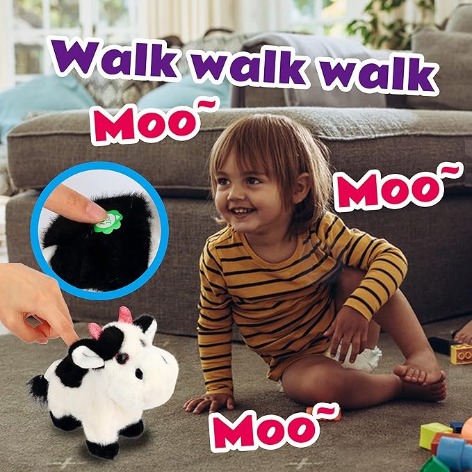 Cuteoy Walking Black Cow Stuffed Animal Speaking Moo Plush Cattle Electric Interactive Animated Plushies Toy for Girls Boys Birthday